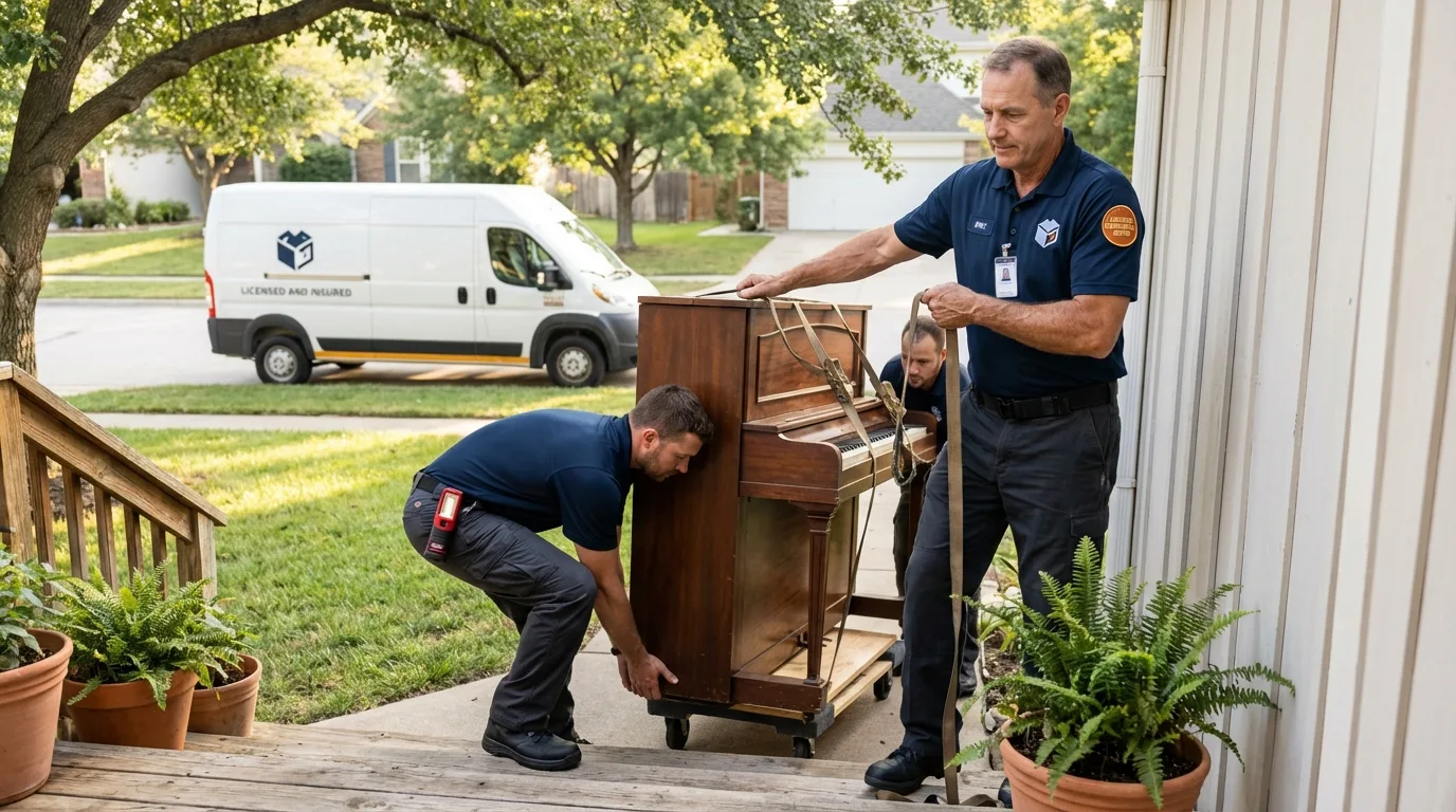 Licensed piano movers securing grand piano in Elverson, PA