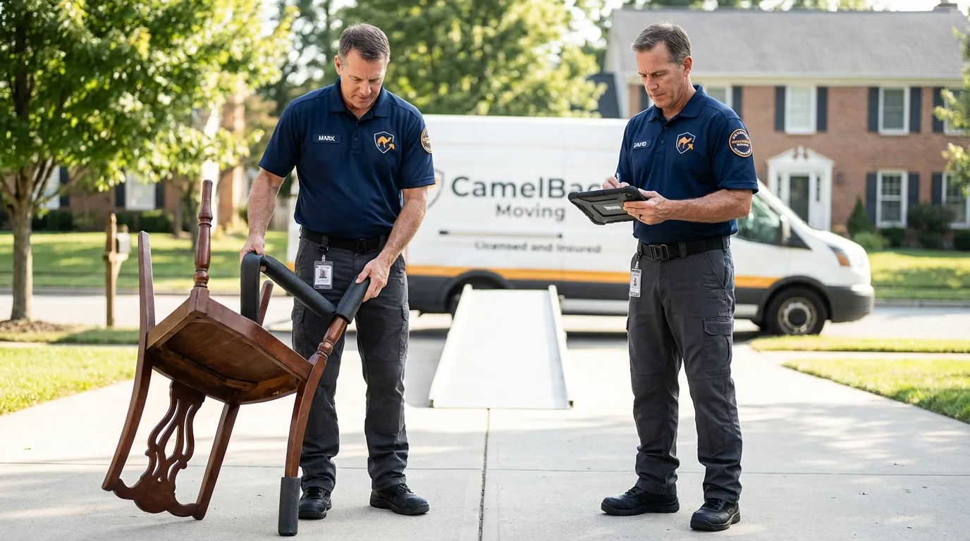 Movers inspecting furniture for damage prevention before loading in Elverson, PA
